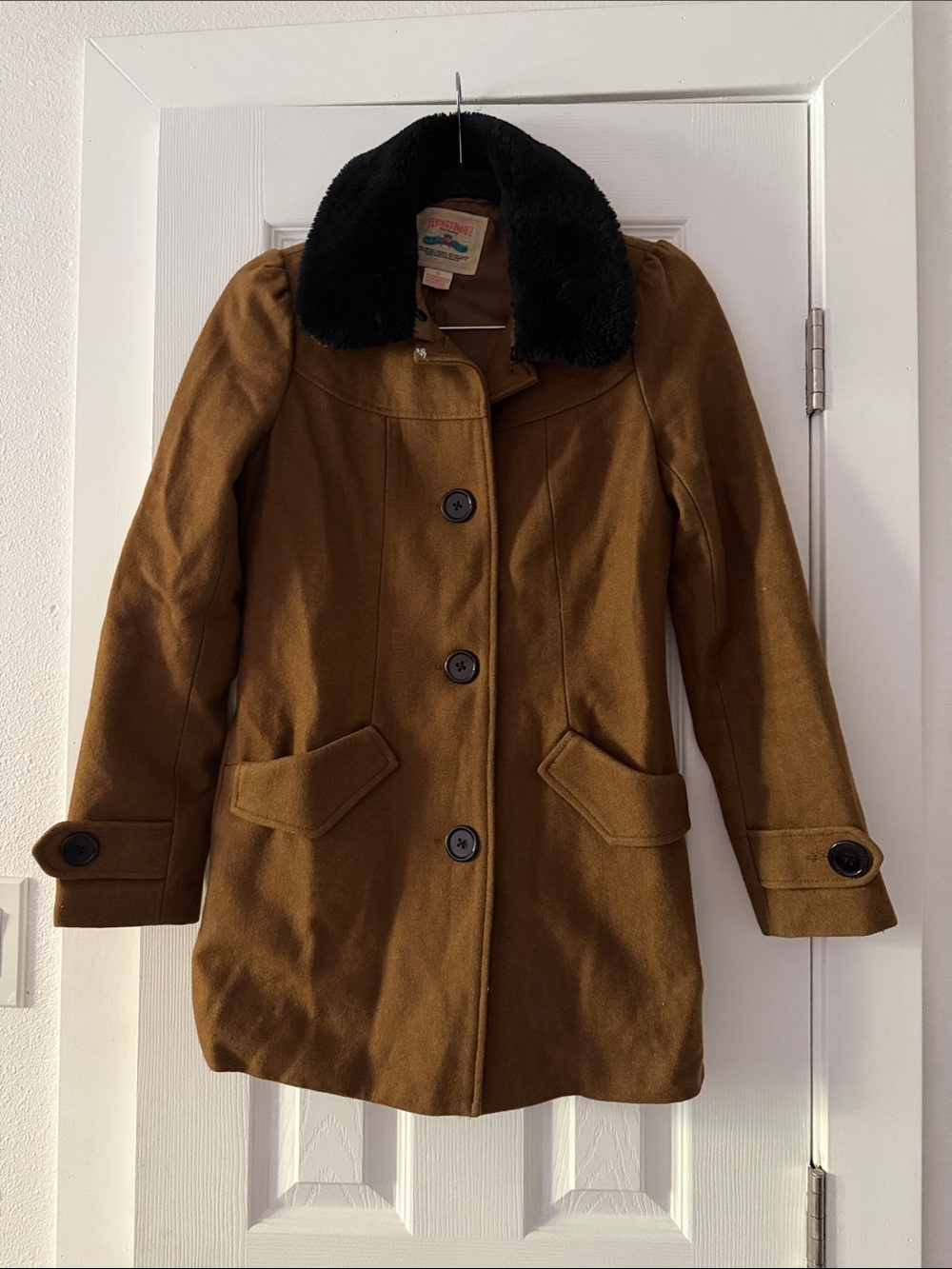 Flying Tomato Caramel Tan Pea Coat with Black Faux Fur Collar